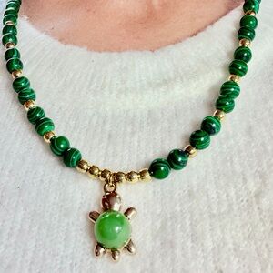 Malachite necklace/choker,gold plated beads,turtle pendant.Protection. GIFT !
